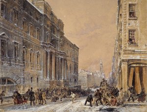 Lumipalloilu Edinburghin yliopiston ulkopuolella